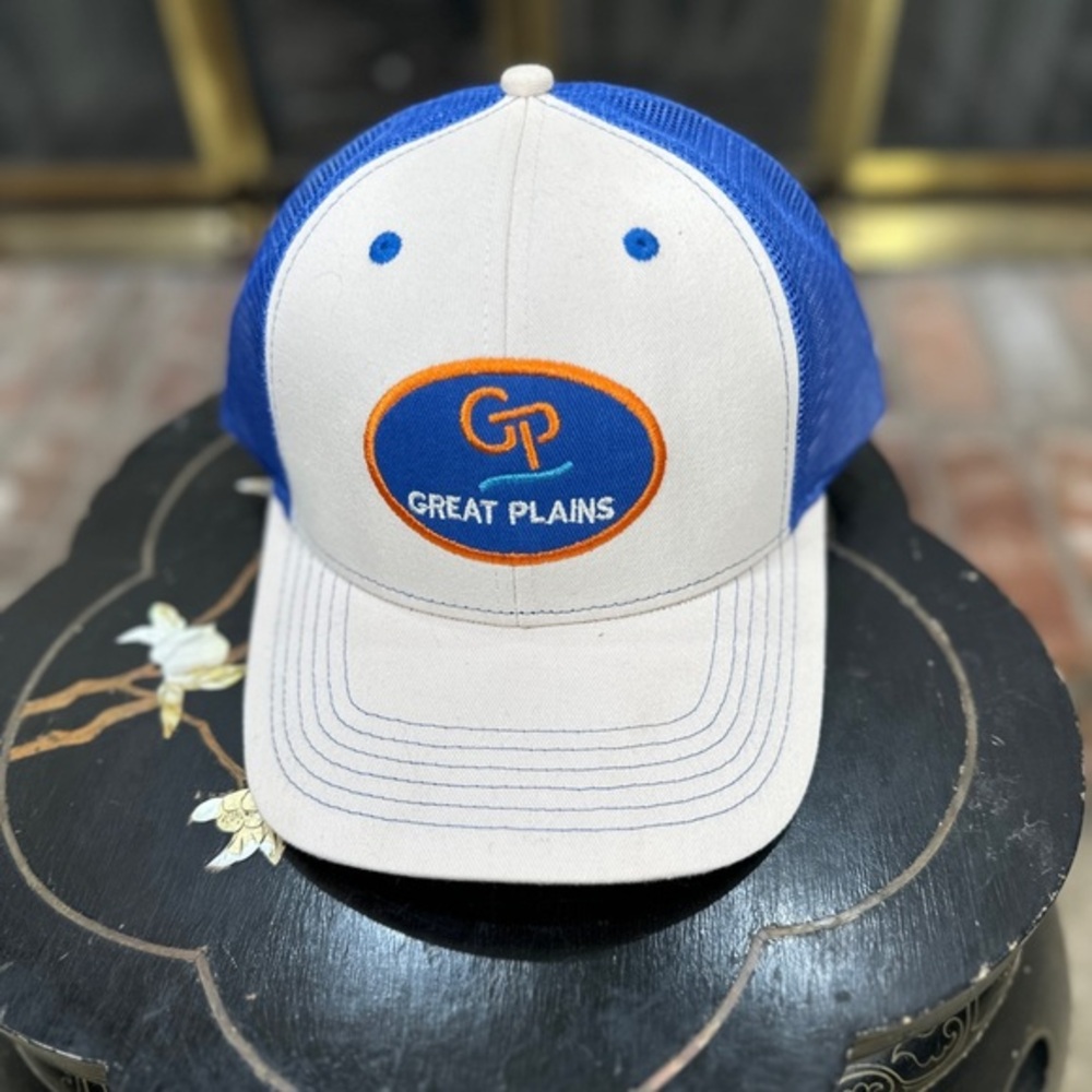 Great Plains GP‎ Kubota Arnett Enid Trucker Hat Blue White Snapback Mesh Cap